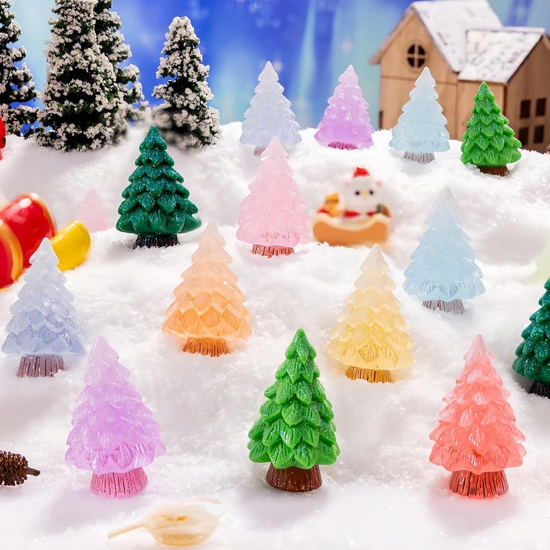 Feivando 24 Pcs Mini Glitter Christmas Tree Figurines Glow in The Dark Xmas Luminous Resin Tree Miniature for Holiday DIY Crafts Garden Micro Landscape Party Home Tabletop Decoration - Image 5